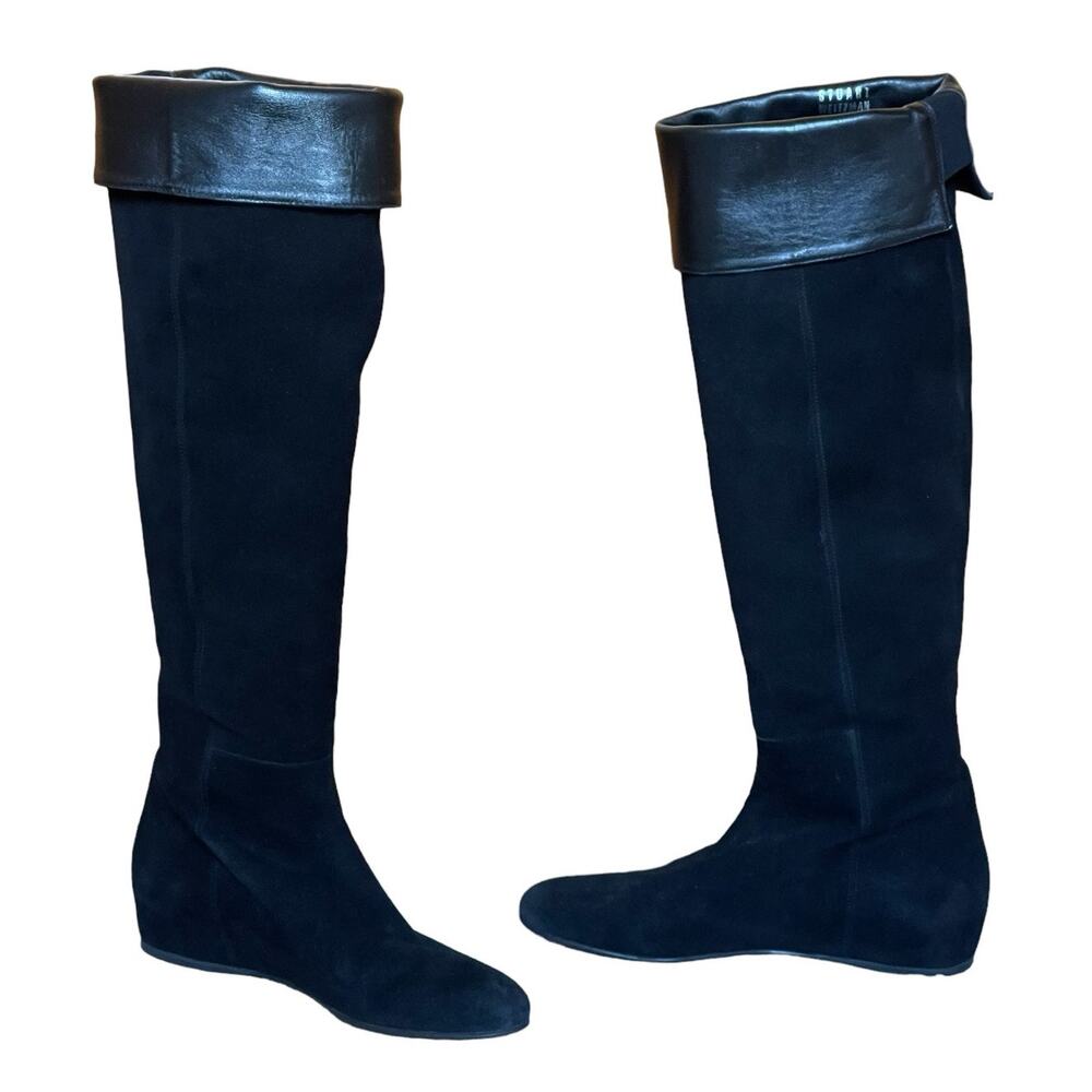 Stuart Weitzman Over the Knee Black Leather and Suede Roll Cuff Tall Boots 7.5